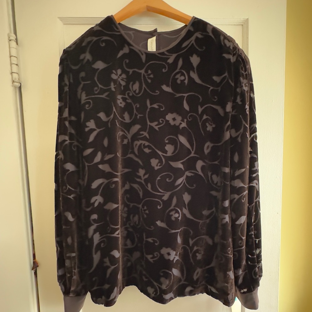 Dana Buckman chocolate brown velvet burnout silk blend blouse, Sz 16